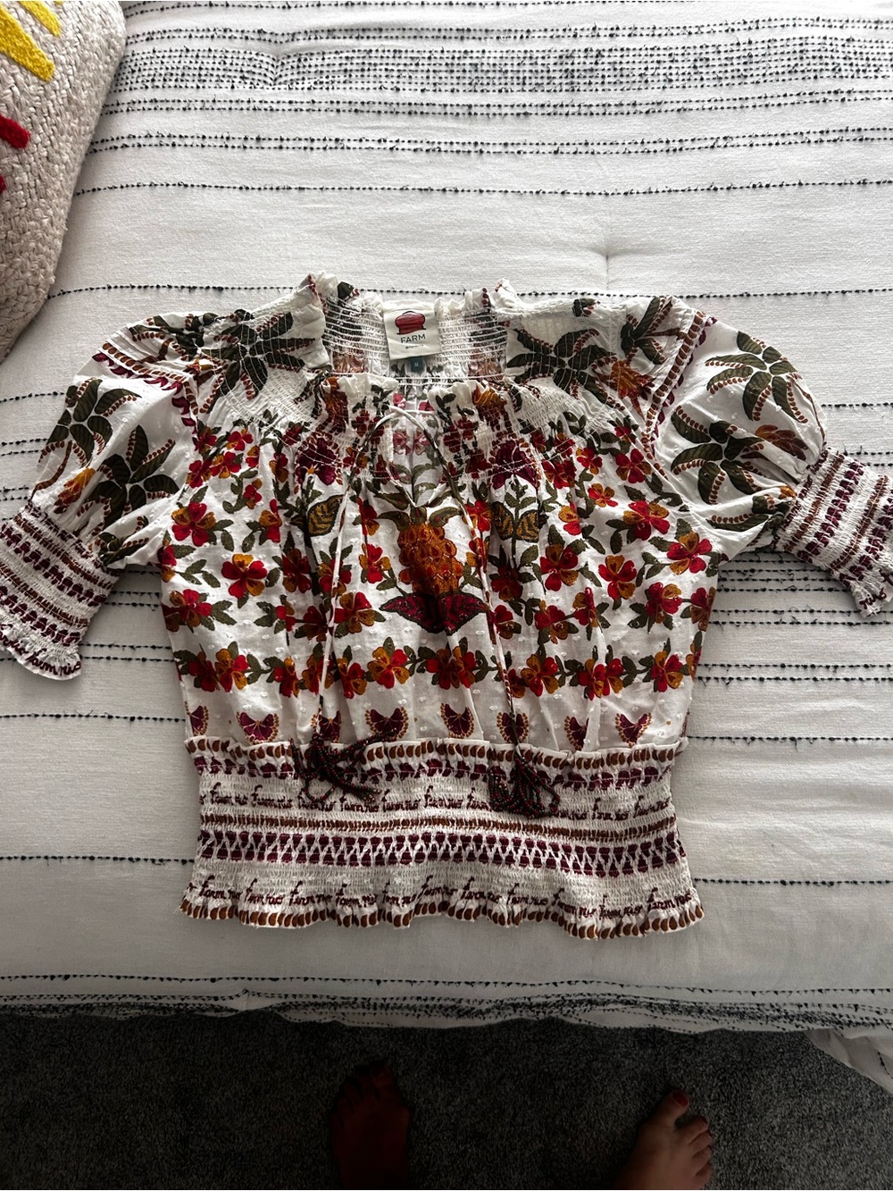 Farm RioWomen's Floral Smocked Peasant Top - White with Red & Green Floral Print